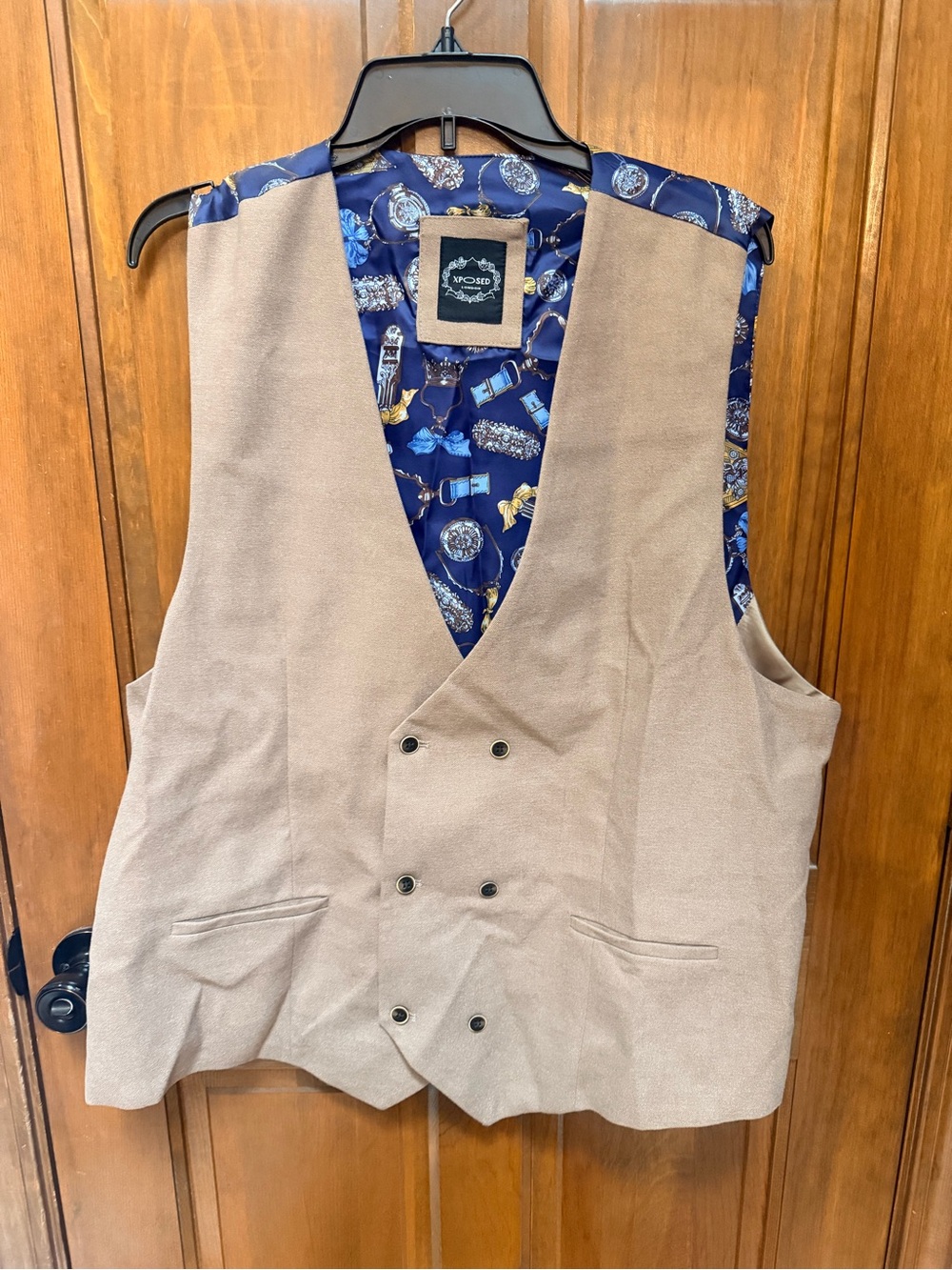 Men's Double-Breasted Tan Vest with Navy Patterned Lining